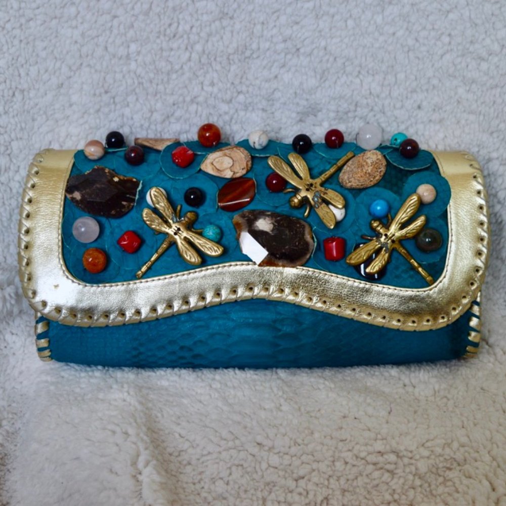 Teal "Snake Skin" Dragonfly Clutch